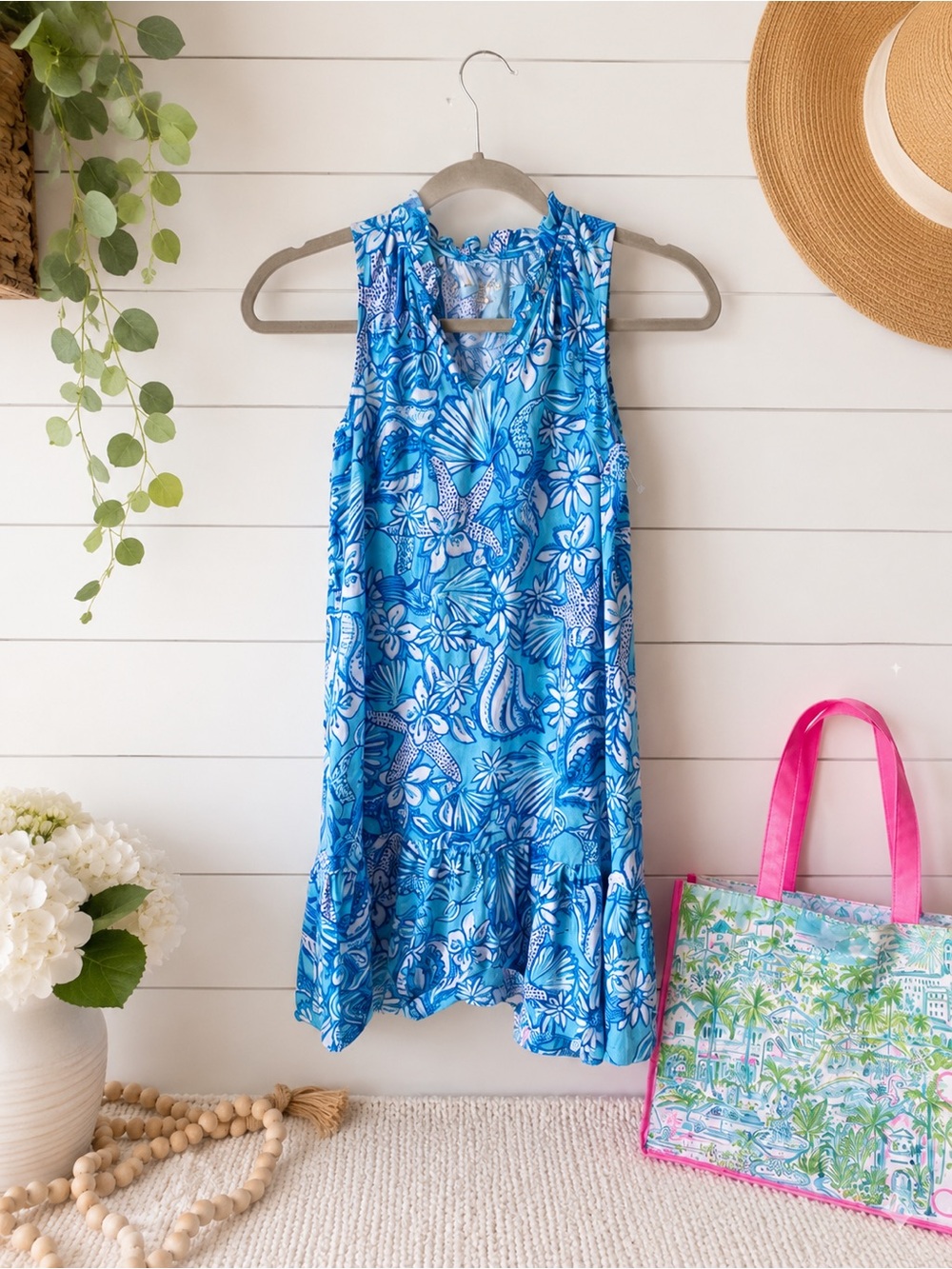 Lilly Pulitzer Blue Coastal Seashell Print Sleeveless Dress Girls XL 12-14